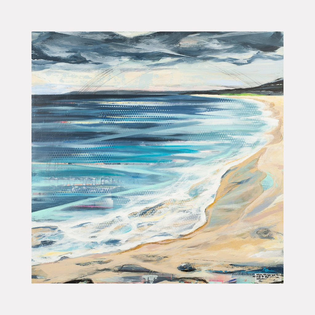 The artwork 'Makena' by Nicki Adani depicts a serene coastal landscape with rolling turquoise waves meeting a sandy beige shoreline. Dynamic brushstrokes capture the ocean's movement under moody gray storm clouds. Mixed media on wood panel creates rich textural elements, with layered blues and whites in the water merging with earthy tones on the beach. By Nicki Adani.
