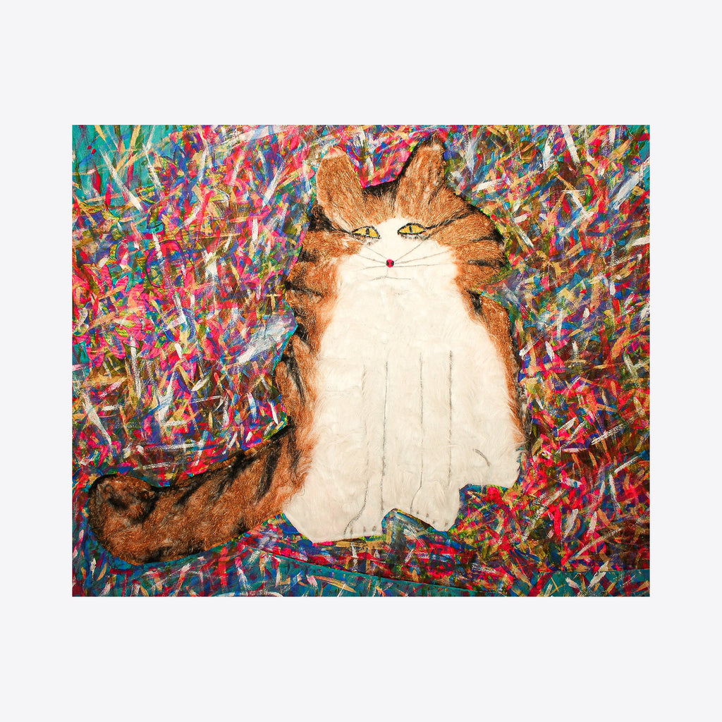 The artwork 'Mango Forever' by Ali Ha features a whimsical cat portrait created with repurposed fabric applique and acrylic paint. The feline figure, rendered in warm brown and cream tones, sits centered against a vibrant, confetti-like background of blue, red, and green textured brushstrokes. The mixed media technique creates dynamic texture and movement throughout the 48x58 inch composition.