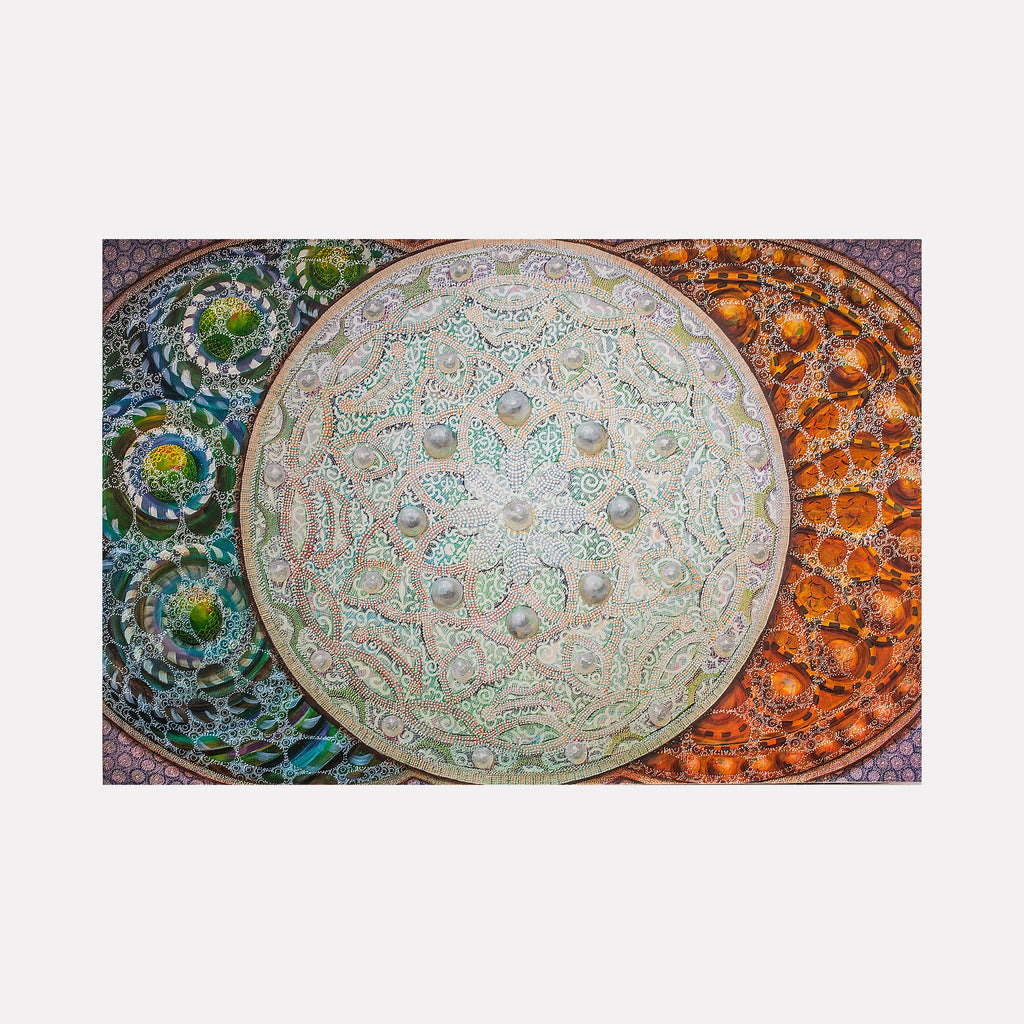 The artwork 'Many Chambers' by Amy Cheng features a captivating circular mandala design with intricate paisley patterns. Central white and mint medallion surrounded by spiral formations in deep teal and burnt orange. Detailed ornamental textures create a mesmerizing kaleidoscopic effect. Archival pigment print showcases delicate line work and symmetrical composition.