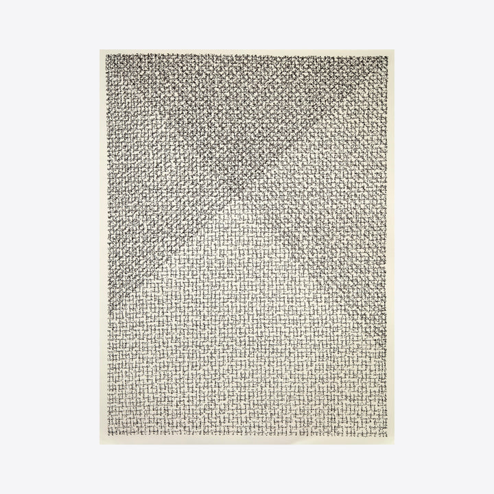 Meditation XXIII (open heart) by Lynnette Therese Sauer features an intricate crosshatch pattern in black ink on white paper, creating a subtle gradient effect that forms a diamond or heart shape at the center. The meticulous line work produces a mesmerizing mesh texture, with varying densities of marks forming light and shadow across the 24x18 inch framed composition.