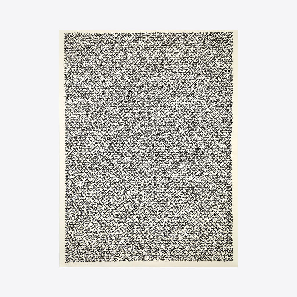 The artwork 'Meditation XXII (open heart)' by Lynnette Therese Sauer features an intricate pattern of black ink markings on white paper, creating a dense, textural grid-like composition. The repetitive, meditative marks form a mesmerizing monochromatic surface with subtle variations in density and rhythm, framed in a minimalist style measuring 24 x 18 inches.