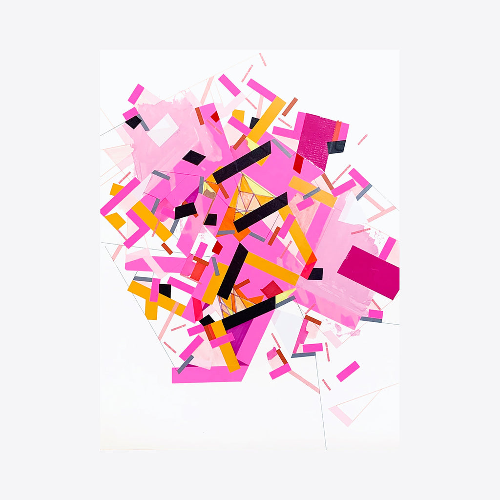 The artwork 'Memory of Serdull 1' by Philippe Halaburda features an explosive abstract composition of geometric shapes in vibrant pink hues, black, and orange. Angular fragments and tape elements create a dynamic, scattered pattern against white paper, suggesting movement and spontaneity. Acrylic and tape medium, 17x14 inches, by Philippe Halaburda.