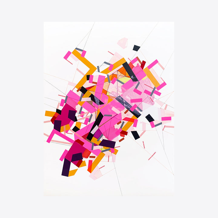 The artwork 'Memory of Serdull 2' by Philippe Halaburda features dynamic abstract geometric shapes in vibrant pink, orange, and black scattered across white paper. Angular fragments and linear elements create an explosive composition, with tape details adding textural depth. The 17x14 inch acrylic painting combines bold colors with precise geometric forms for a contemporary abstract aesthetic.