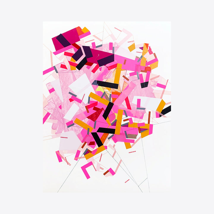 The artwork 'Memory of Serdull 3' by Philippe Halaburda features a dynamic abstract composition of fragmented geometric shapes in vibrant pink, magenta, orange, and black against a white background. Angular strips of tape create a scattered, explosive pattern radiating from the center, conveying movement and energy. By Philippe Halaburda.