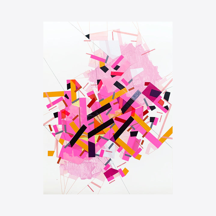 The artwork 'Memory of Serdull 4' by Philippe Halaburda features an explosive abstract composition of geometric shapes in vibrant pink, magenta, orange, and black on white paper. Angular strips and rectangular forms create dynamic movement, resembling a deconstructed collage with precise tape work and acrylic paint application. By Philippe Halaburda.