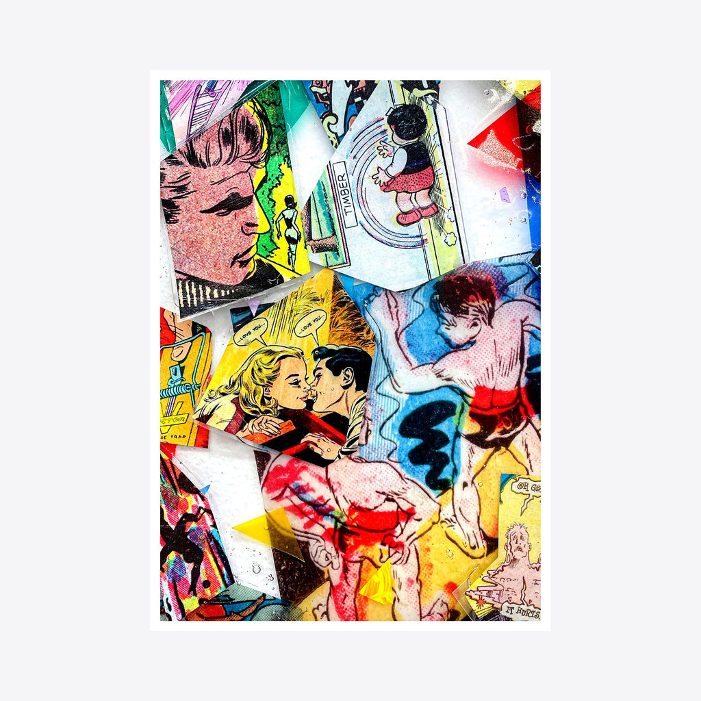 Micrograph 3 by Travis Witmer features a vibrant collage-style digital print showcasing vintage comic book fragments. The composition displays bold primary colors with dynamic scenes in red, yellow, and blue, arranged in an abstract pattern. The 5x7 artwork combines retro pop art elements and dramatic comic illustrations in a fragmented, energetic layout.