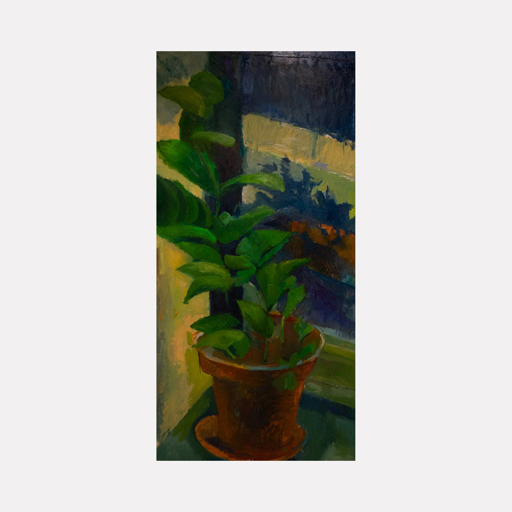 The artwork 'Minuet in Thalo' by Darren Singer depicts a vibrant potted plant with lush green leaves against a moody background. Oil on birch wood painting featuring deep emerald foliage in a terracotta pot, set against abstract planes of navy blue and golden yellow, creating a harmonious interplay of light and shadow. Original artwork by Darren Singer.
