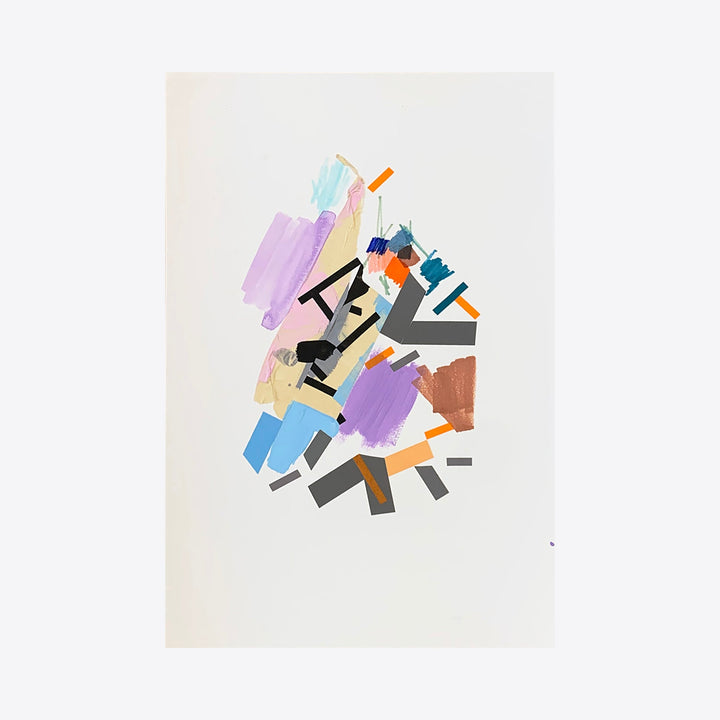 The artwork 'Moaa Kieelarr 16' by Philippe Halaburda features an abstract composition of geometric shapes in pastel colors. Lavender, mint, orange, and blue fragments intersect with black angular forms, creating a dynamic collage effect. The mixed media piece combines smooth acrylic brushstrokes with sharp tape elements on white paper.