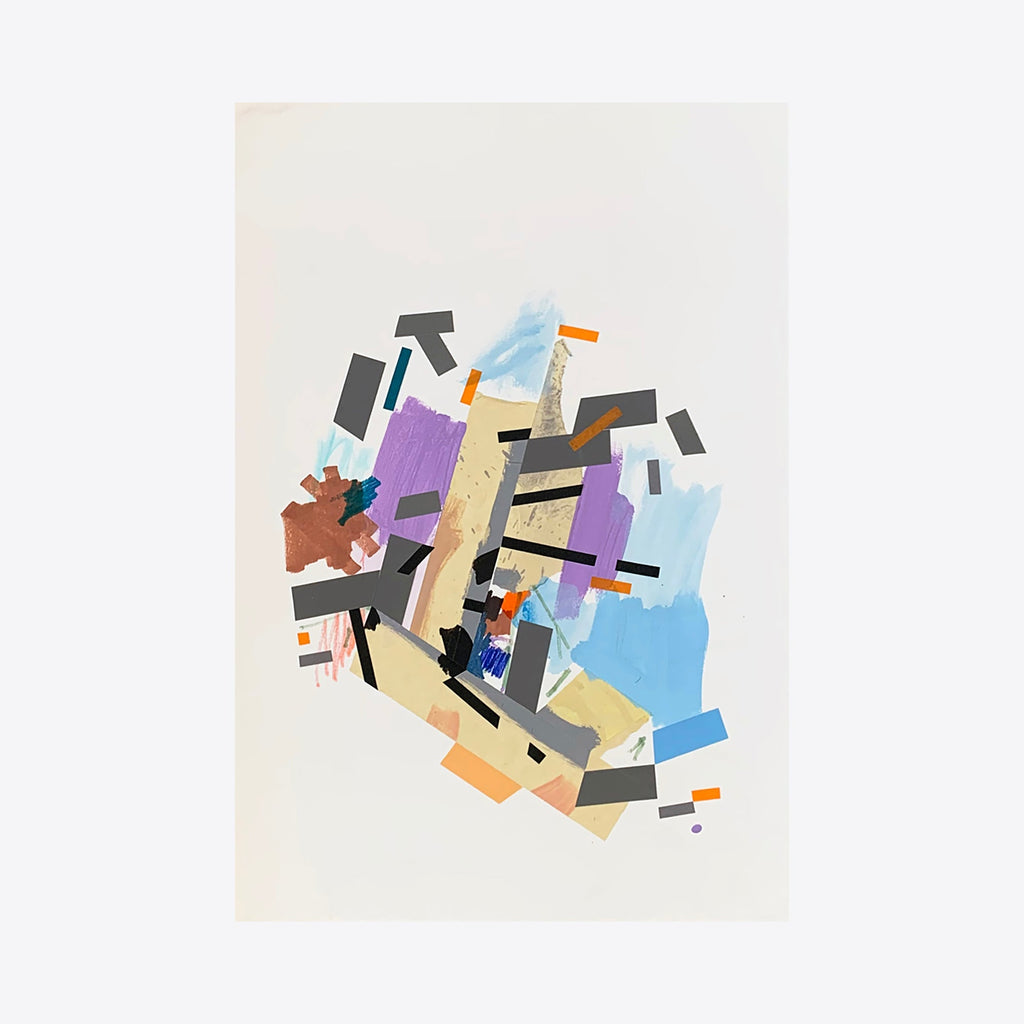 The artwork 'Moaa Kieelarr 4' by Philippe Halaburda features an abstract composition of geometric shapes in light blue, purple, beige, and black arranged in a dynamic collage-like pattern. The mixed media piece combines acrylic paint and tape on paper, creating a sense of movement through fragmented rectangular forms and angular elements.