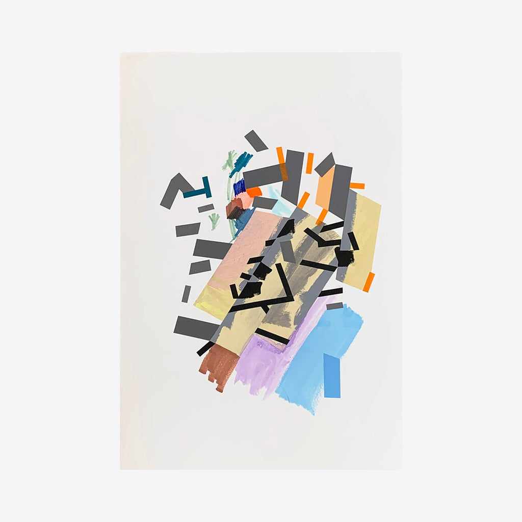 The artwork 'Moaa Kieelarr 7' by Philippe Halaburda features an abstract geometric composition with fragmented shapes in pastel and bold colors. Dynamic arrangement of rectangular forms in black, pink, yellow, blue, and orange creates a sense of movement against a white background. Acrylic and tape medium adds textural depth to the modernist collage-style piece.