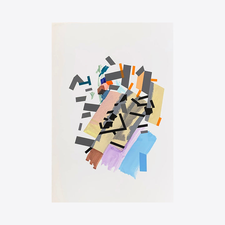 The artwork 'Moaa Kieelarr 7' by Philippe Halaburda features an abstract geometric composition with fragmented shapes in pastel and bold colors. Dynamic arrangement of rectangular forms in black, pink, yellow, blue, and orange creates a sense of movement against a white background. Acrylic and tape medium adds textural depth to the modernist collage-style piece.