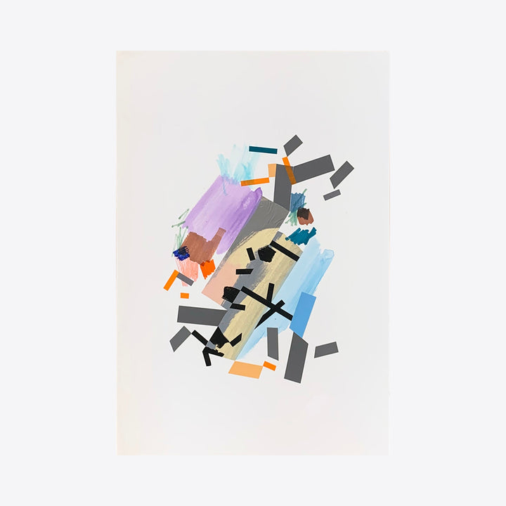 The artwork 'Moaa Kieelarr 9' by Philippe Halaburda features an abstract composition of geometric shapes in purple, blue, and orange hues against a white background. Angular black rectangular forms scatter across the center, while soft watercolor-like elements create dynamic movement. Created with acrylic and tape on paper, the piece displays a modern, deconstructed aesthetic.