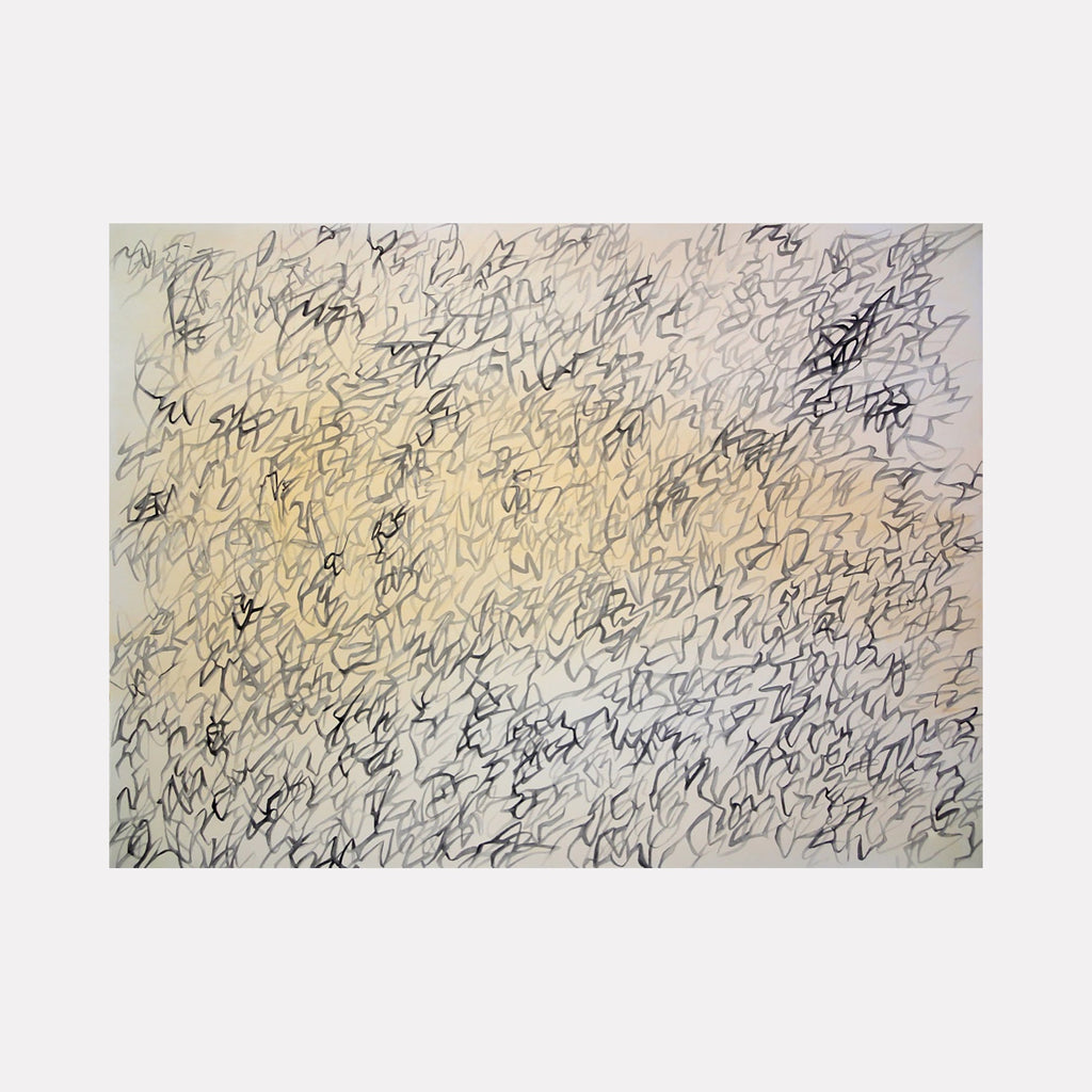 The artwork 'Momentary Reprieve' by Megan Olson features delicate black ink markings scattered across a cream-colored watercolor paper, creating an abstract pattern reminiscent of scattered leaves or dancing rain. The flowing lines create a sense of movement and rhythm across the 22x30 inch composition, with varying densities of marks creating subtle depth and texture.