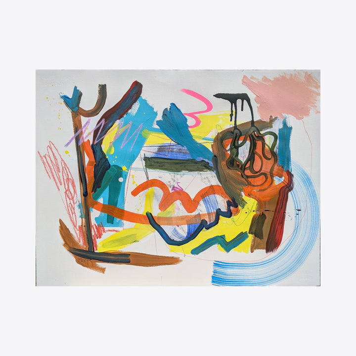 The artwork 'Moon Snail' by Joseph Conrad Ferm features dynamic abstract expressionism with vibrant brushstrokes in blue, orange, brown, and yellow. Fluid curved lines interweave across white watercolor paper, creating organic forms that suggest movement and depth. Bold gestural marks and mixed media techniques combine to form a energetic composition measuring 22.5 x 30 inches by Joseph Conrad Ferm.