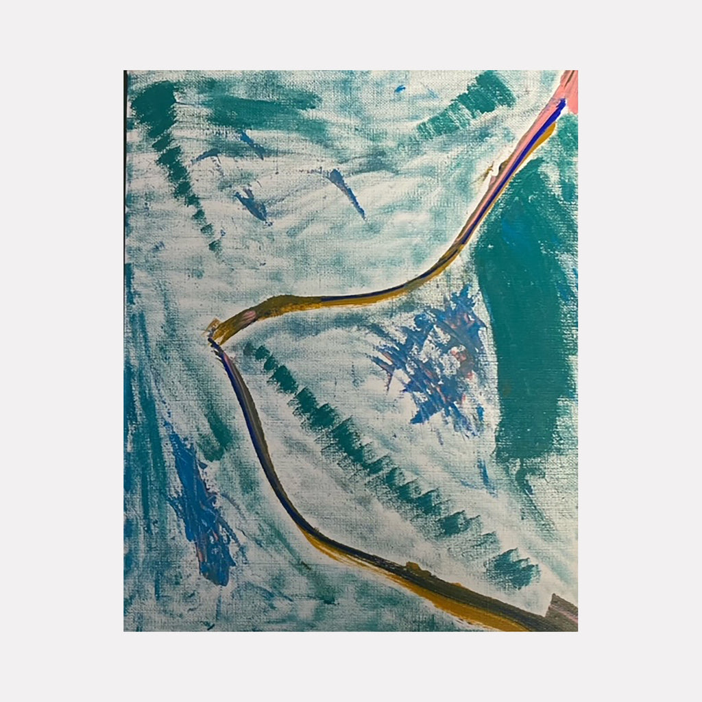The artwork 'Moving Coast Line' by Dom Hiddo features dynamic brushstrokes depicting a curved golden path against a turquoise and white background. The abstract acrylic painting showcases fluid movement with textured waves and sweeping lines, creating a coastal landscape impression in an 8x10 inch format. Original art by Dom Hiddo.