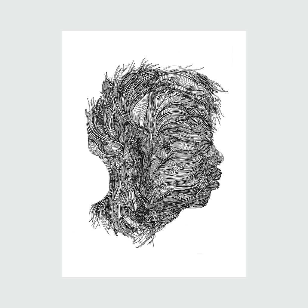 The artwork 'My Mind Linear Drawing' by Alina Glotova features an intricate black and white profile composed of flowing, organic lines. The detailed illustration shows a side view silhouette created through complex, interwoven pen strokes that create a dynamic, feather-like texture, giving depth and movement to the monochromatic print.