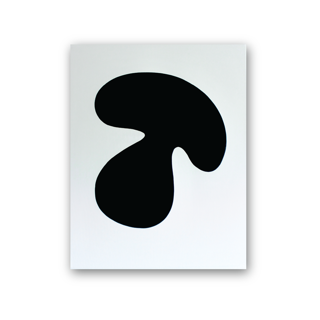 The artwork 'Nature Mega I' by Shadia Sabagh features a bold, organic black shape against a pristine white background. The abstract form resembles a curved mushroom or amoeba-like silhouette, creating a striking minimalist composition on acrylic canvas, sized 30 x 24 inches.