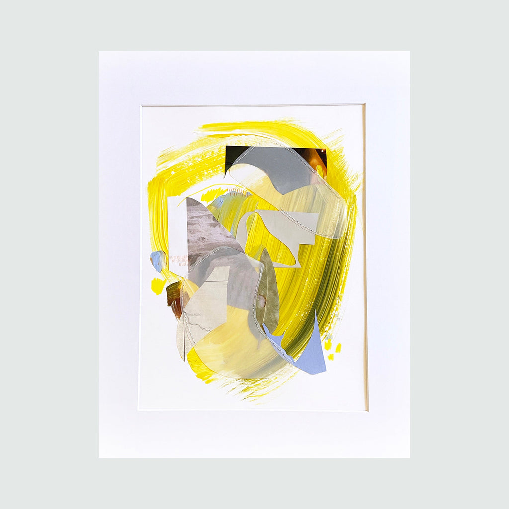 The artwork 'Nelson' by Linden Eller features an abstract collage combining vibrant yellow brushstrokes with geometric paper shapes in muted grays and whites. The hand-sewn elements create dynamic layers and movement, while bold acrylic strokes in sunshine yellow dominate the composition, creating a striking contrast against the neutral tones.