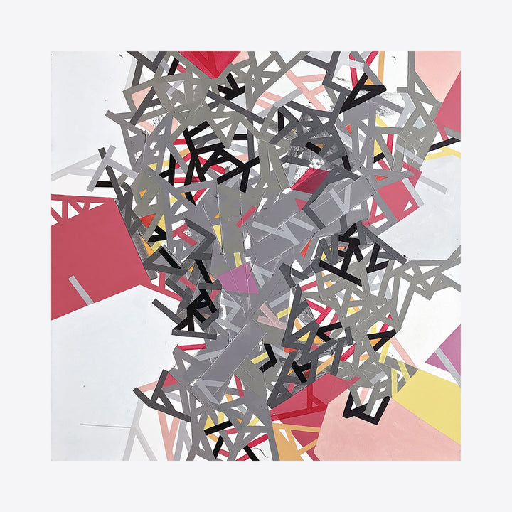 The artwork 'Nemmbus' by Philippe Halaburda features an abstract geometric composition with intersecting angular shapes in gray, black, and red tones. Dynamic tape patterns create a fragmented, modernist design against a white canvas, accented with touches of yellow and pink, demonstrating a contemporary mixed-media approach using acrylic and tape. By Philippe Halaburda.