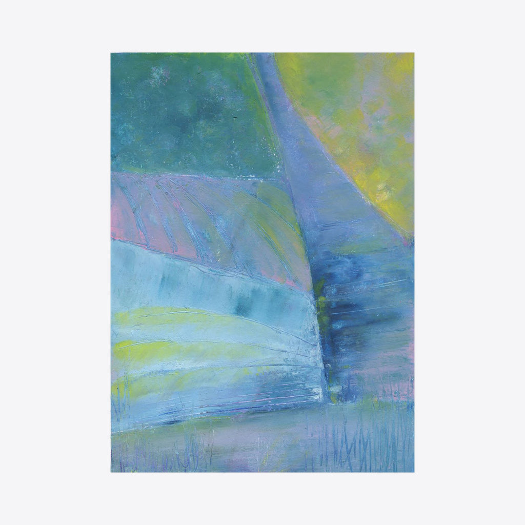 The artwork 'New Way' by Marta Nowicka features abstract geometric shapes in harmonious cool tones of blue, teal, and lavender, accented with soft yellow-green highlights. The oil and cold wax technique creates textured layers and flowing transitions between angular forms, suggesting a tranquil landscape interpretation on paper by Marta Nowicka.