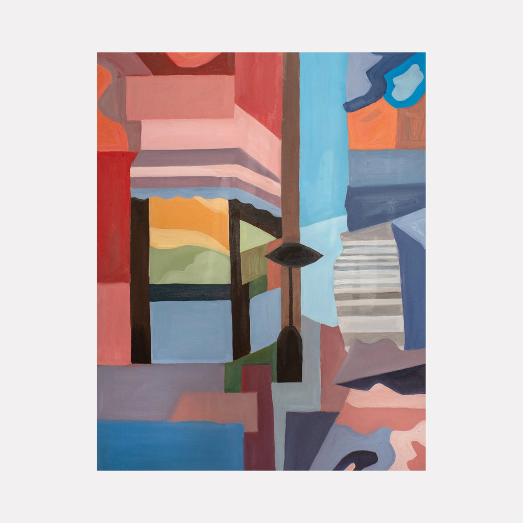 The artwork 'Night Cafe' by Chelsie Sunde features an abstract geometric composition with intersecting angular shapes in vibrant colors. Bold blocks of coral pink, turquoise blue, and muted orange create a modern architectural feel. Layered rectangular forms and curved elements suggest an interior space rendered in a cubist style. Oil on canvas, 40x30 inches. By Chelsie Sunde.