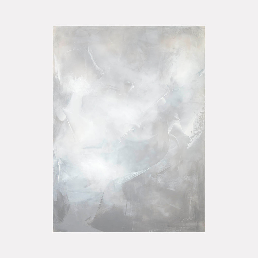 The artwork 'Nothing Like a Cloud' by Debra Ramsay features ethereal brushstrokes in pearlescent white and silver tones, creating an atmospheric abstract composition. Gentle swirls and textural elements evoke a misty, dreamlike quality on acrylic panel, with subtle variations in opacity and luminosity across the 30x29 inch surface.