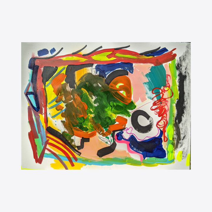 The artwork 'O' by Joseph Conrad Ferm features a vibrant abstract composition on watercolor paper with dynamic brushstrokes in bold colors. A central green mass swirls amid coral pink backgrounds, accented by electric blue shapes, yellow arcs, and a stark black circular form. The mixed medium painting combines loose, expressive strokes with geometric elements across a 30x22.5 inch surface by Joseph Conrad Ferm.