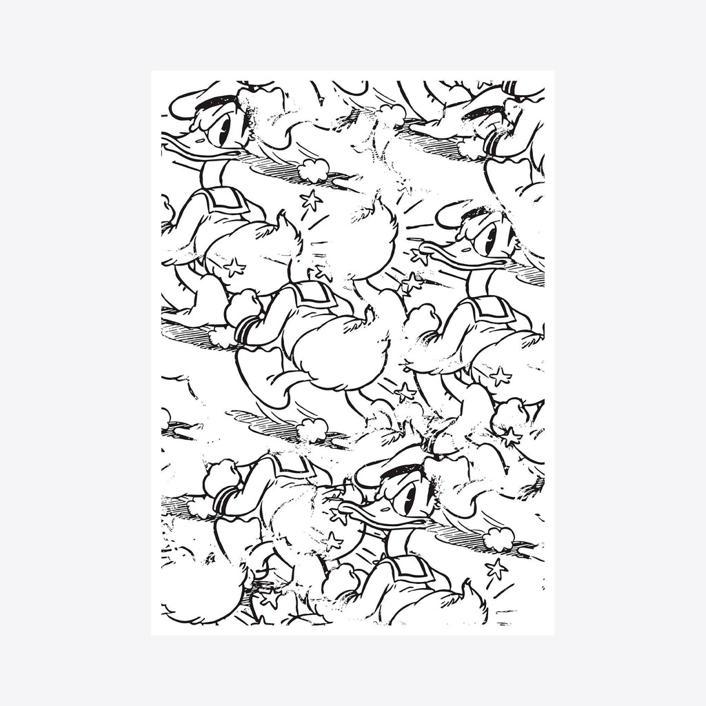 The artwork 'Obsequious' by Travis Witmer features a playful black and white line drawing pattern depicting cartoon ducks in various animated poses. The repeating design shows dynamic movement with energetic brush strokes, creating a whimsical composition of swimming and diving figures in a continuous pattern. Digital print artwork measuring 5x7 inches by Travis Witmer.