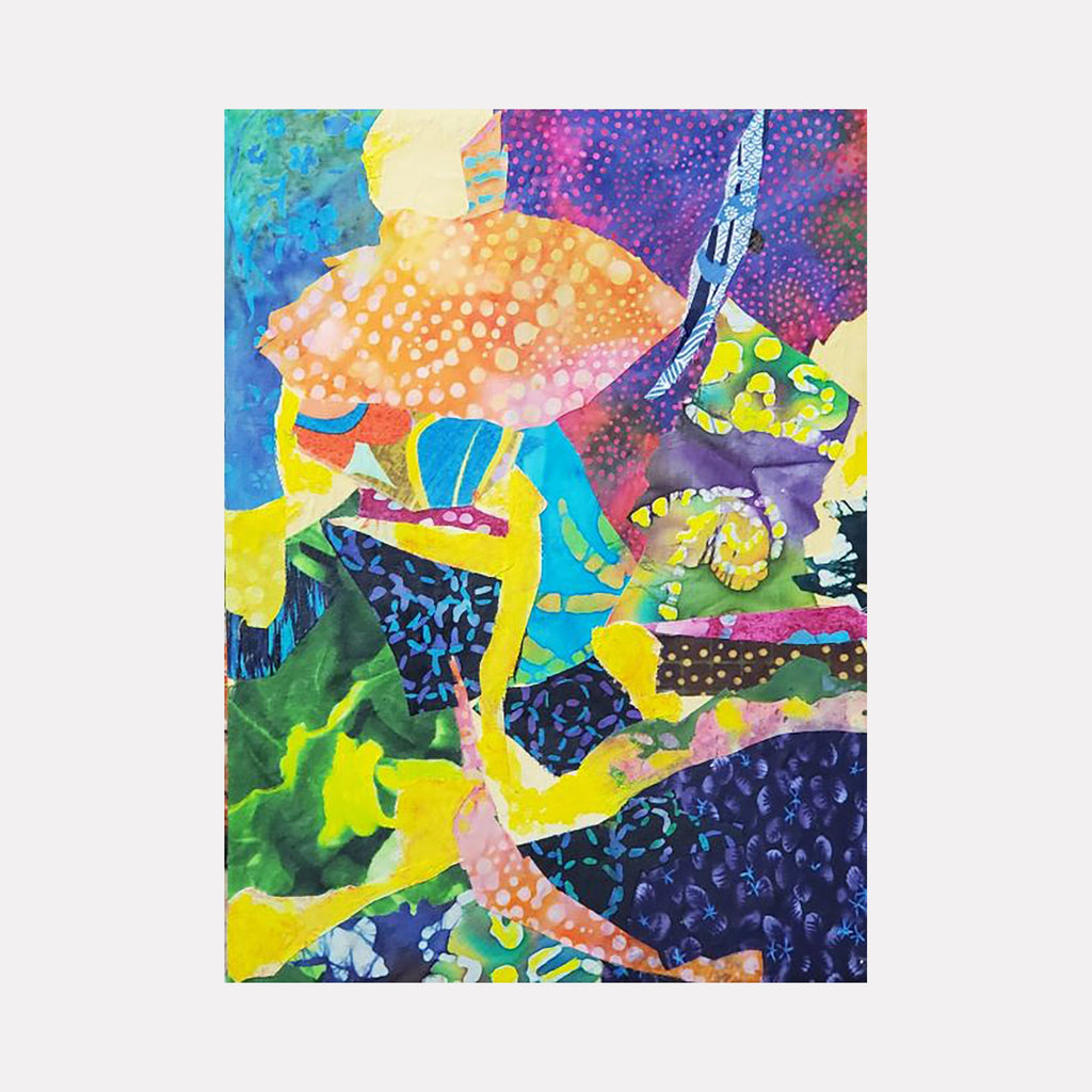 The artwork 'Old Town' by James Ehling features vibrant abstract patterns in acrylic paint on fabric, showcasing psychedelic swirls and organic shapes. Bright coral, electric blue, deep purple, and neon yellow colors create a dynamic composition with dotted textures and flowing forms, measuring 9x12 inches. Bold color transitions and playful geometric elements evoke a sense of movement and energy.