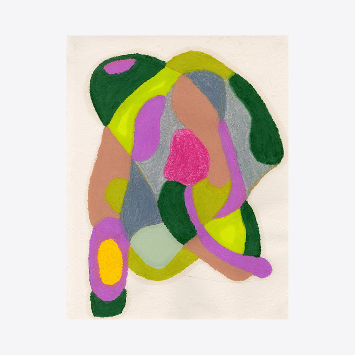 The artwork 'Olive on Light Pink' by Alicia Little features vibrant abstract organic shapes in olive green, bright yellow, magenta, and peach tones. The composition flows with curved forms layered and intertwined, created using oil pastel and gouache on paper, creating a dynamic and playful modern art piece. The textural elements and bold color choices create striking visual contrast.