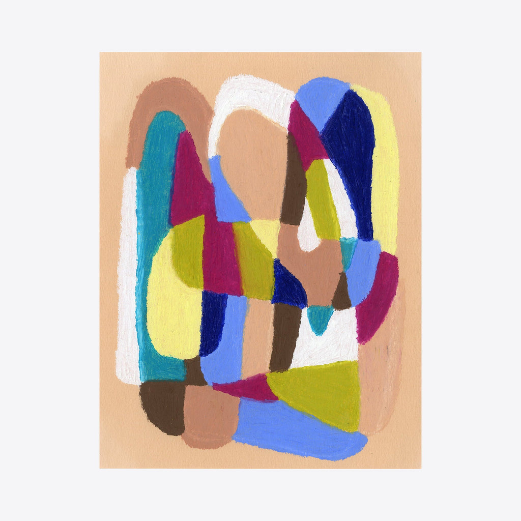 The artwork 'On Beige With Blue, Peach, Brown, Fuschia' features abstract curved shapes in vibrant colors including turquoise, navy blue, lime green, and magenta against a warm beige background. The oil pastel composition creates smooth, flowing forms that interlock and overlap, suggesting organic movement by Alicia Little.