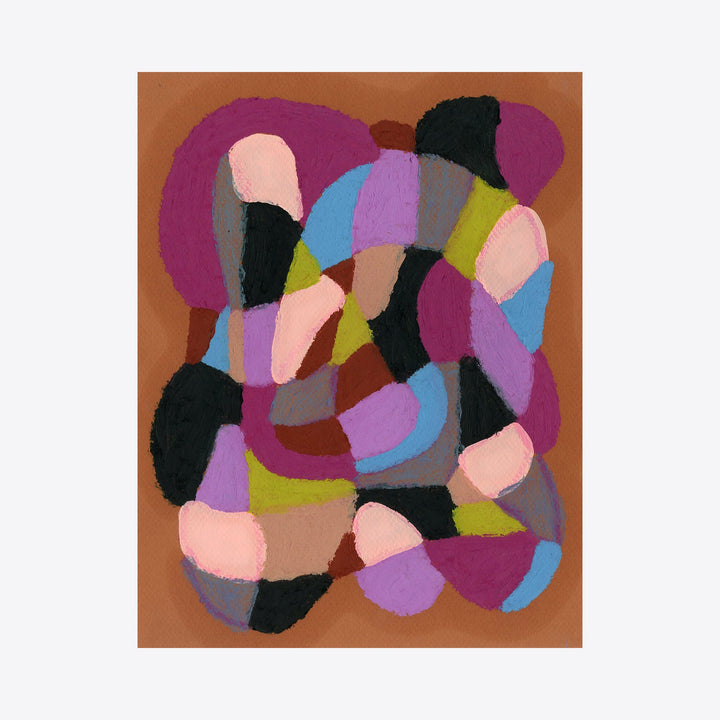 The artwork 'On Brown With Purple' by Alicia Little features an abstract composition of interwoven curved shapes in vibrant colors including pink, purple, blue, black, and lime green against a rich brown background. The oil pastel creates soft, organic forms that flow and overlap in a dynamic pattern, suggesting movement and rhythm.
