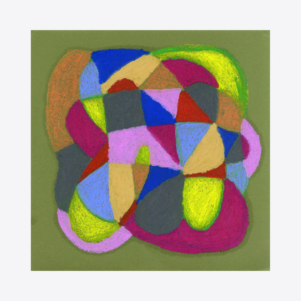The artwork 'On Green' by Alicia Little features a vibrant geometric abstract composition with interlocking curved shapes in oil pastel on paper. The 12x12 inch piece showcases rich colors including electric blue, magenta, chartreuse yellow, salmon pink, and slate gray against an olive green background, creating a dynamic mosaic-like pattern with soft, organic edges. By Alicia Little.