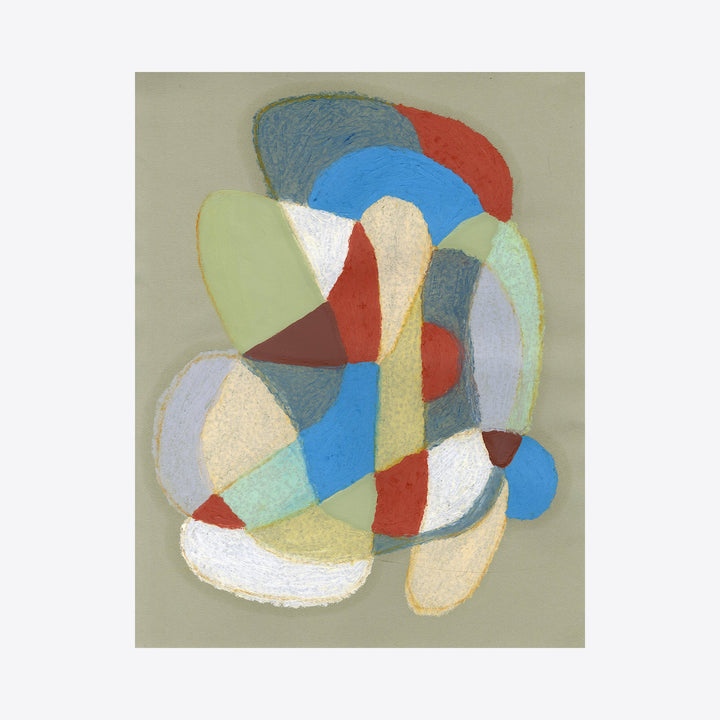 The artwork 'On Light Sage' by Alicia Little features an abstract composition of overlapping curved shapes in muted and bright tones. The piece combines light blue, coral red, pale yellow, and sage green forms creating a dynamic arrangement against a neutral background. Oil pastel and gouache techniques create varied textures and depth in this contemporary abstract piece. By Alicia Little.