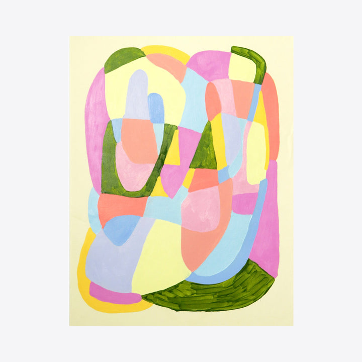 The artwork 'On Light Yellow' by Alicia Little features abstract curved shapes in soft pastel colors including pink, blue, coral, and yellow, with organic green forms anchoring the composition. The oil on paper piece showcases overlapping translucent shapes creating a harmonious flow of gentle curves and playful geometric patterns against a pale yellow background - by Alicia Little