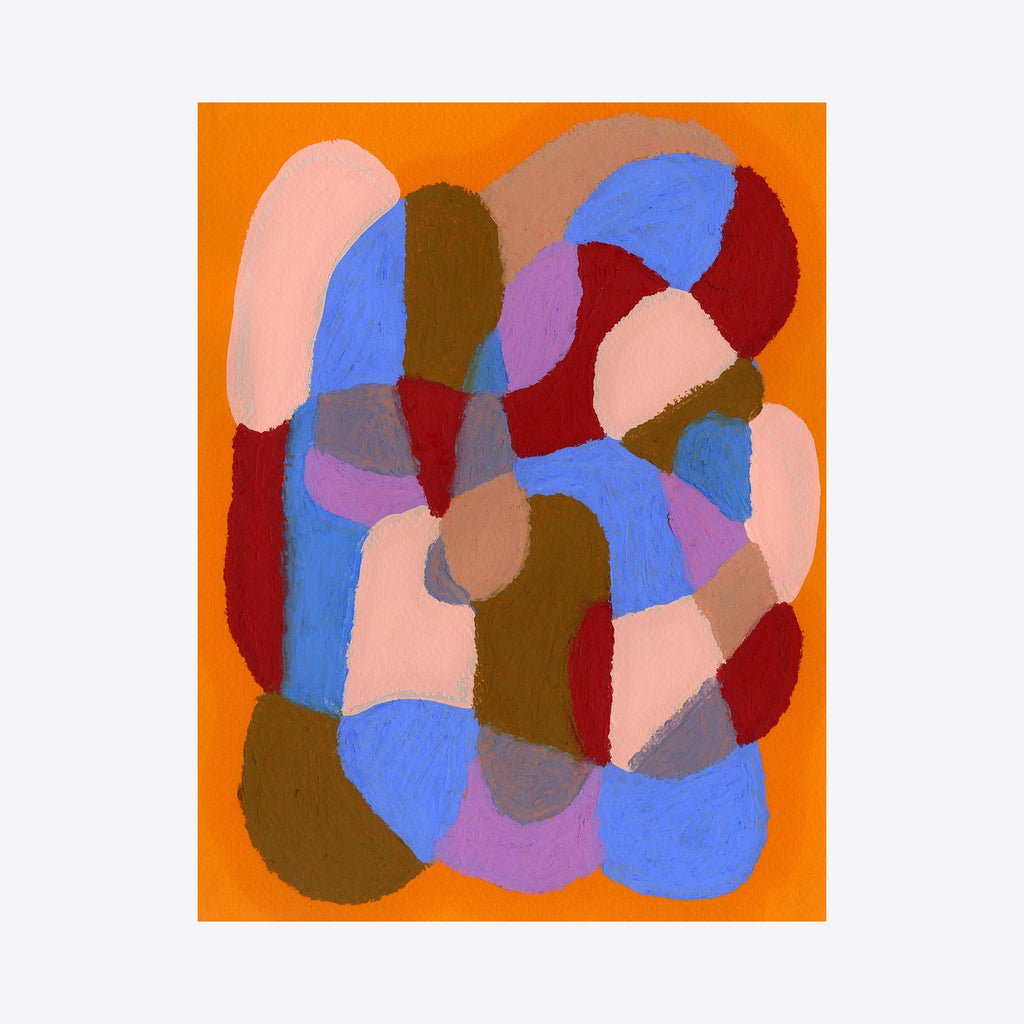The artwork 'On Orange with Blue, Red, Brown' by Alicia Little features abstract organic shapes in vibrant colors overlapping on a bright orange background. The oil pastel composition showcases flowing curves in deep red, sky blue, soft pink, rich brown, and muted purple, creating a harmonious mosaic-like pattern with smooth, blended transitions between forms.