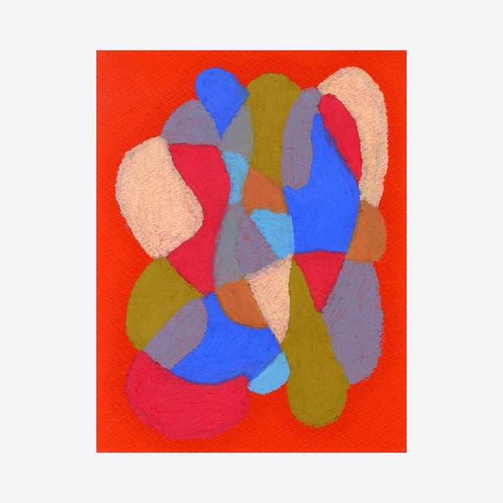 The artwork 'On Red Orange' by Alicia Little features abstract organic shapes in vibrant blue, olive green, pink, and gray against a bold red-orange background. Oil pastel artwork showcases smooth, overlapping curved forms creating a dynamic composition on paper, measuring 8.5 x 11 inches. By Alicia Little.