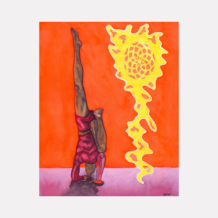 One Legged Crow Eka Pada Bakasana by Damon Powell depicts a figure in a burgundy garment performing an inverted yoga pose against a vibrant orange background. A mystical yellow sunburst pattern spirals upward, creating ethereal energy. The watercolor artwork showcases fluid brushstrokes, with a pink ground completing the composition.