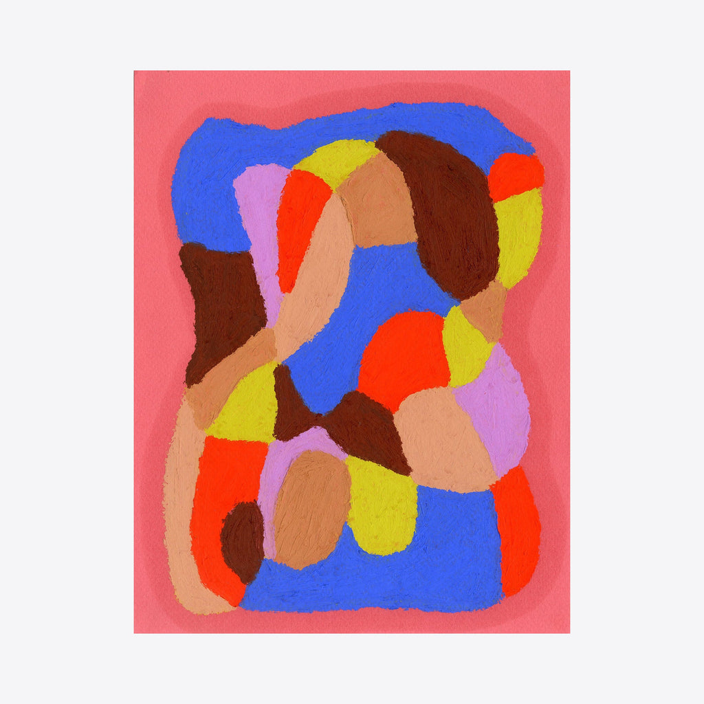 The artwork 'On Hot Pink With Orange, Blue' features an abstract composition of organic, curving shapes in vibrant colors including electric blue, bright orange, and yellow against a hot pink background. The oil pastel technique creates smooth, overlapping forms with rich texture and soft edges. By Alicia Little.