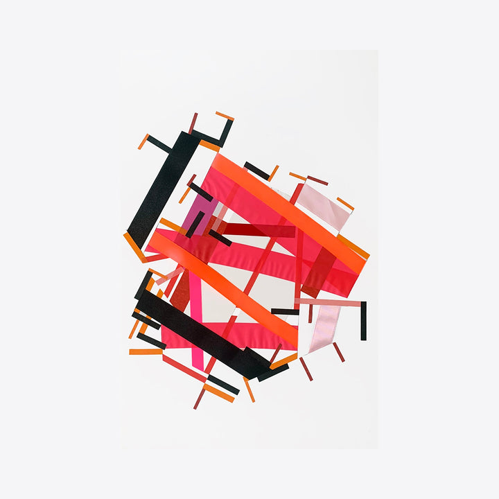 The artwork 'Onnediraii pa Miikadd 10' by Philippe Halaburda features an abstract geometric composition with intersecting angular shapes in vibrant red, orange, and black. Strips of tape create sharp lines and dynamic movement across white paper, forming a modernist collage-style arrangement measuring 17x14 inches by Philippe Halaburda.