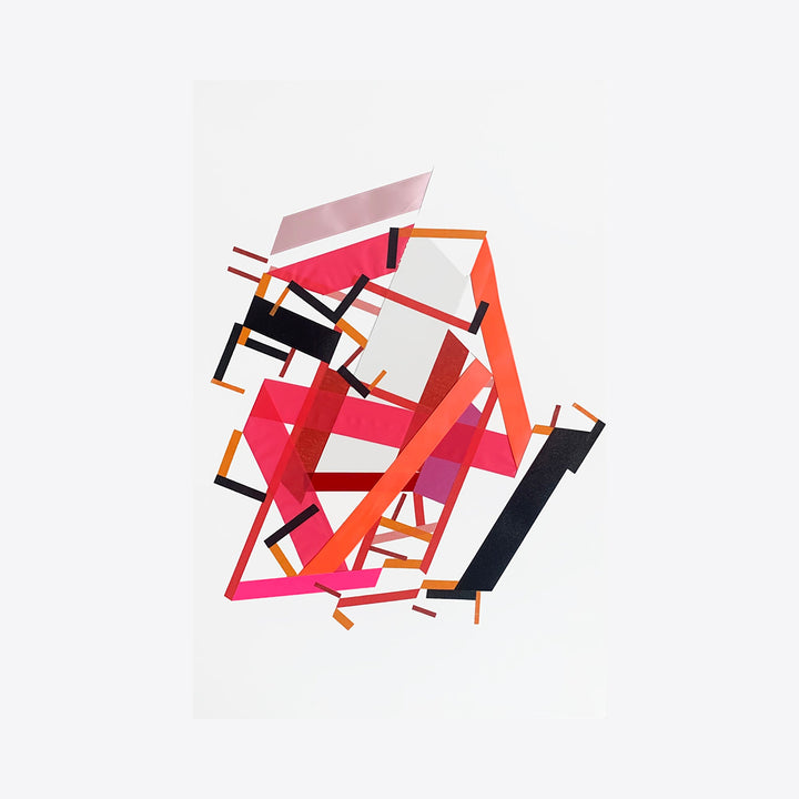 The artwork 'Onnediraii pa Miikadd 1' by Philippe Halaburda features geometric abstract shapes in bold red, orange, pink, and black against a white background. Angular fragments and linear elements intersect dynamically, creating a contemporary composition with sharp edges and architectural qualities, rendered in acrylic and tape on paper.