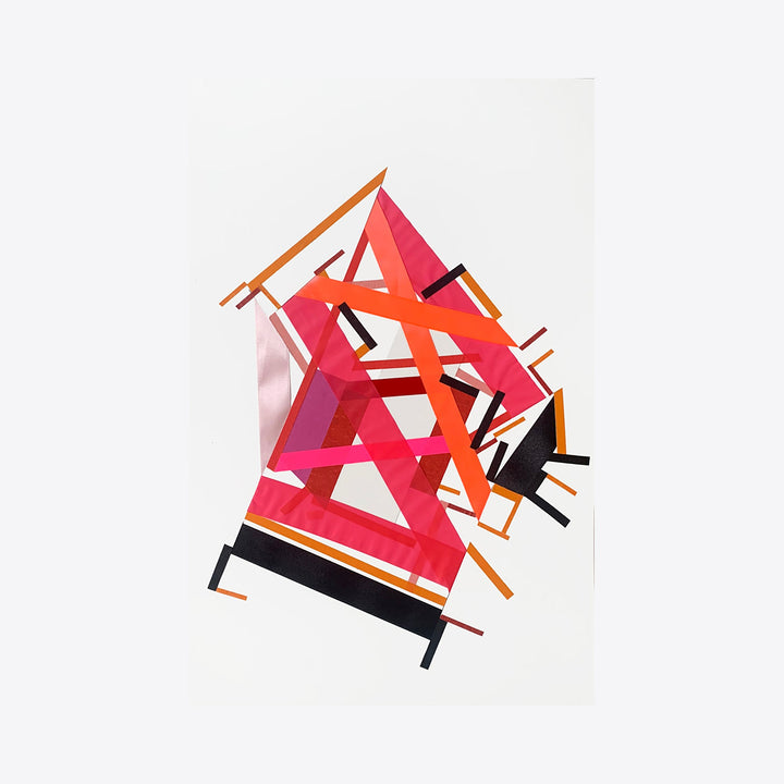 The artwork 'Onnediraii pa Miikadd 7' by Philippe Halaburda features dynamic geometric shapes in vibrant red and orange tones with black accents, created using acrylic and tape on paper. Angular forms intersect and overlap, creating a bold abstract composition with sharp lines and architectural elements against a clean white background.