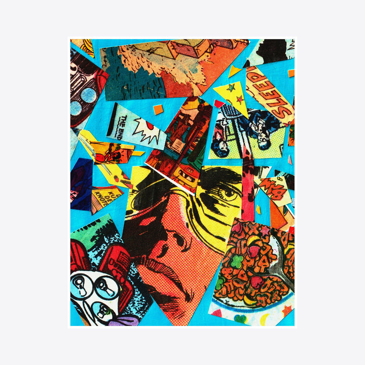 Optical Processing E by Travis Witmer features a vibrant pop art collage with overlapping comic-style imagery against a bright turquoise background. The digital print showcases fragmented illustrations in bold orange, red, and yellow tones, creating a dynamic composition reminiscent of vintage comic book aesthetics. Various abstract shapes and text elements create a layered, energetic visual narrative. By Travis Witmer.
