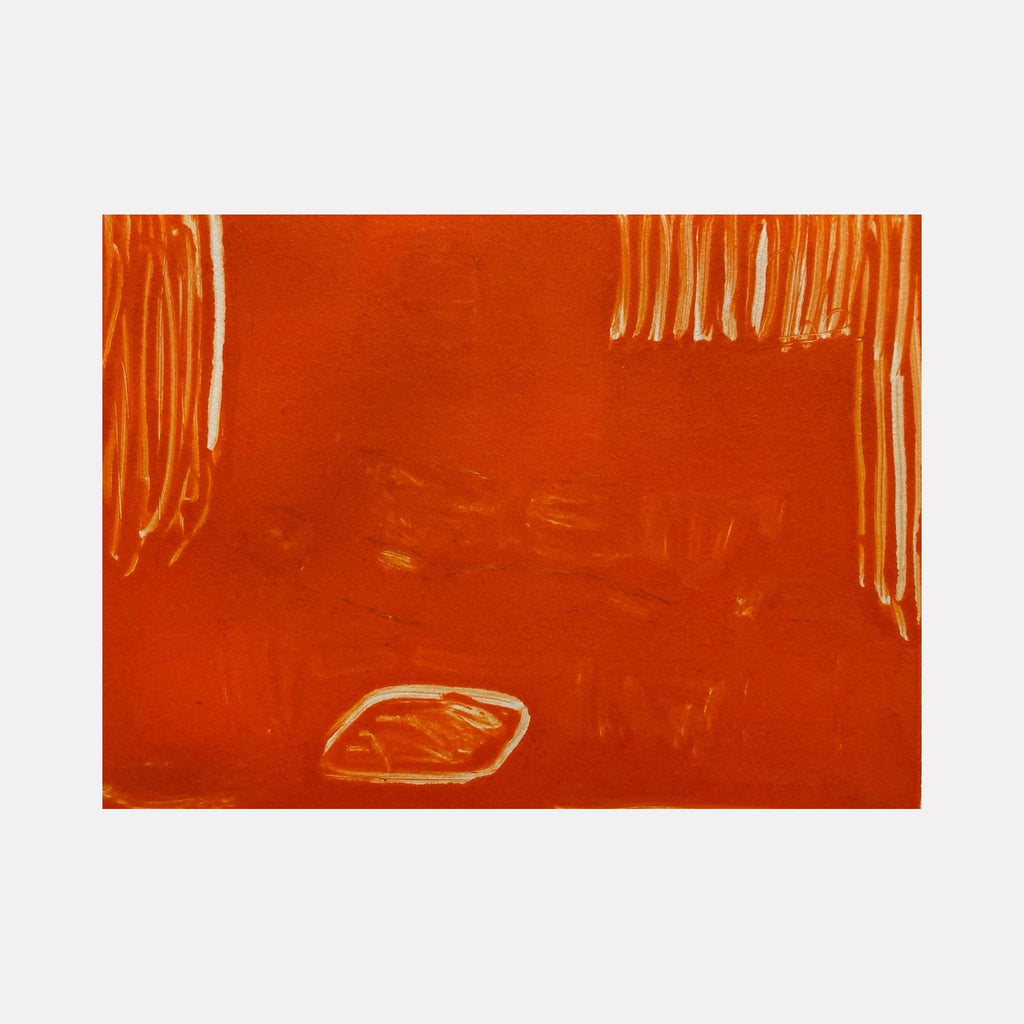 The artwork 'Orange Living Room I' by Chelsie Sunde features a vibrant monotype print in deep orange hues. Abstract vertical drips frame the composition, while a geometric diamond shape rests in the lower portion against a rich terracotta background, creating a minimalist interpretation of interior space. 6x8 inches monotype print by Chelsie Sunde.