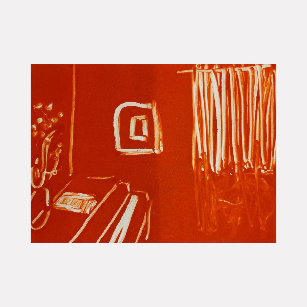 The artwork 'Orange Living Room II' by Chelsie Sunde features a monotype print in vibrant orange and white tones, depicting an abstract interior space. Simple white lines sketch out furniture elements, a square frame on the wall, and vertical curtain-like strokes, creating a minimalist representation of a living room space through expressive printmaking technique. 6x8 inches monotype print by Chelsie Sunde.