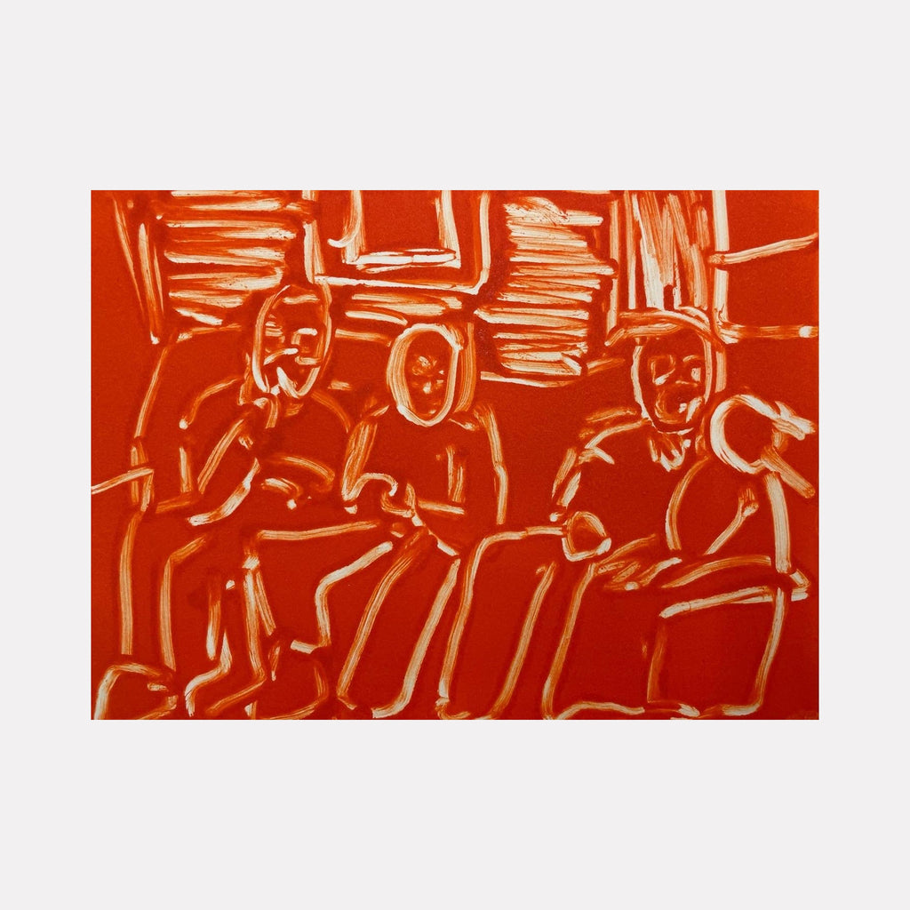 The artwork 'Orange Living Room III' by Chelsie Sunde features an abstract monotype print in vibrant orange and beige tones. Three seated figures are rendered in loose, expressive lines creating a minimalist composition. The 6x8 inch print showcases gestural brushstrokes and linear elements that suggest a domestic interior setting. By Chelsie Sunde.
