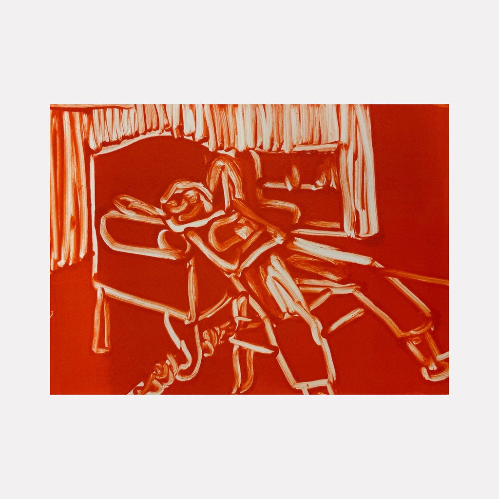 The artwork 'Orange Living Room IV' by Chelsie Sunde features a monotype print in vibrant orange and white tones depicting a casual living space. Abstract linear strokes create a lounging figure on furniture, with dramatic vertical drapes in the background. The 6x8 inch print showcases a minimalist, expressive style with fluid brushwork and strong contrast.