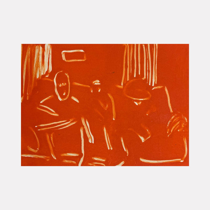 Orange Living Room V by Chelsie Sunde: Abstract monotype print featuring minimal line drawings on vibrant orange background. Cream-colored gestural strokes suggest furniture elements and interior space, with vertical lines implying curtains or wall features. 6x8 inches artwork capturing modernist living room essence through expressive mark-making.