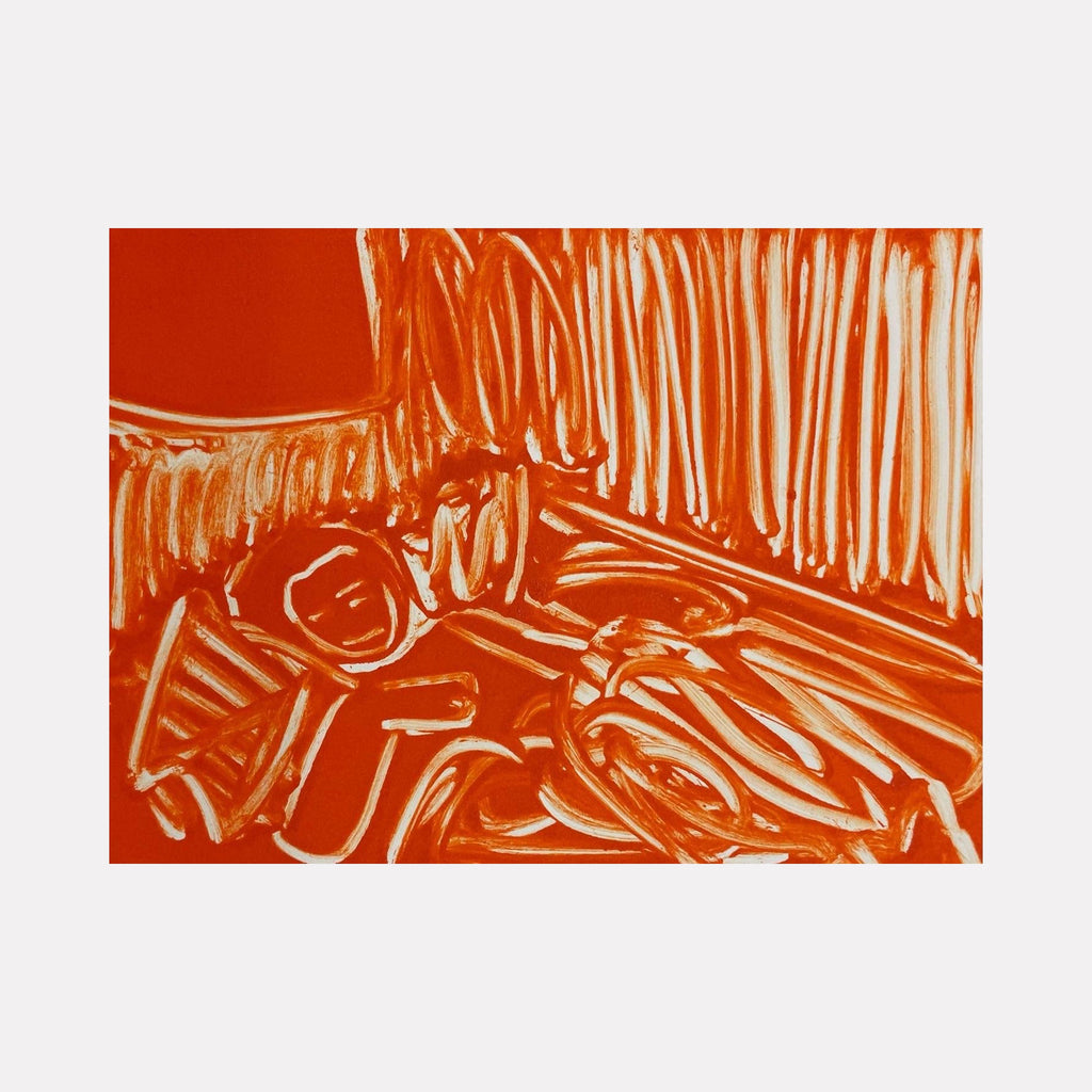 The artwork 'Orange Living Room VI' by Chelsie Sunde features a monotype print in vibrant orange and white tones, depicting an abstract interior scene with bold vertical lines suggesting curtains or wall textures. Loose, expressive brushstrokes create geometric shapes and forms that hint at furniture pieces in a minimalist, contemporary style rendered in 6x8 inches format.