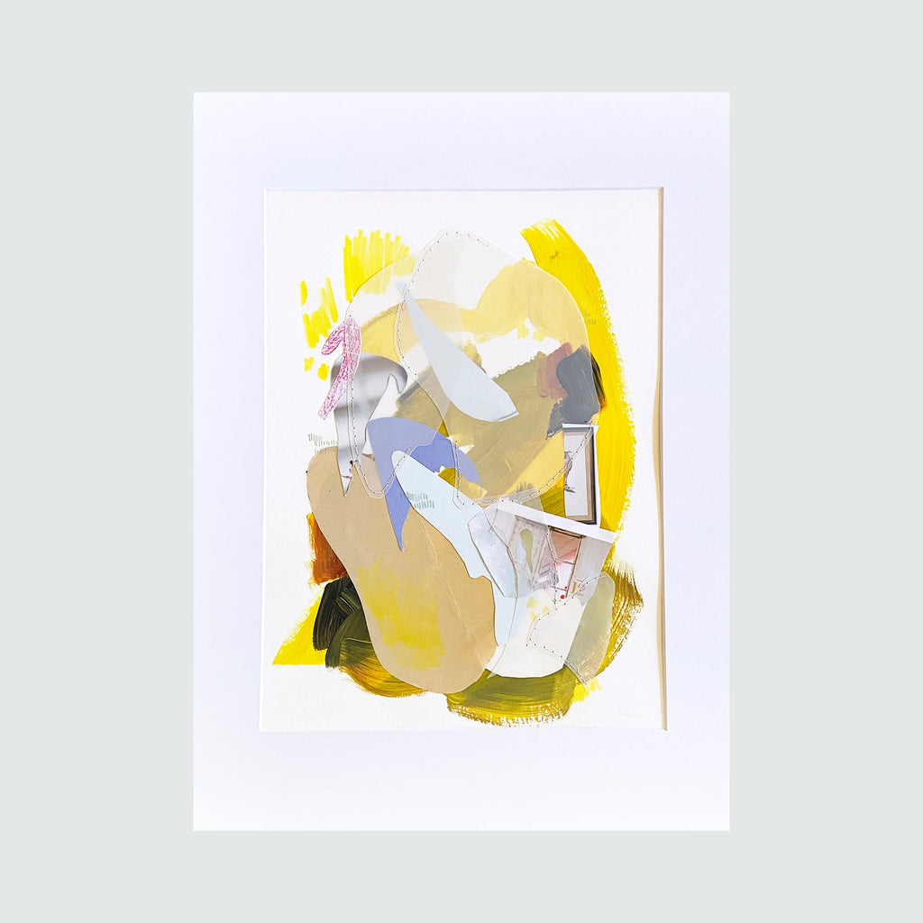 The artwork 'Owl' by Linden Eller features an abstract collage combining torn paper and acrylic paint in yellow, beige, gray, and light blue hues. The layered composition creates a dynamic interplay of geometric shapes and organic forms, with bold yellow brushstrokes framing the edges and delicate paper textures throughout the matted piece.